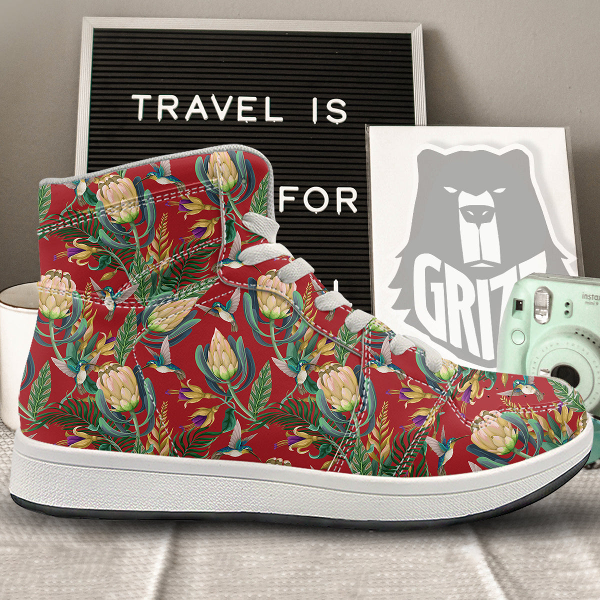 Hummingbird And Wild Flowers Print Pattern High Top Sneakers-grizzshop