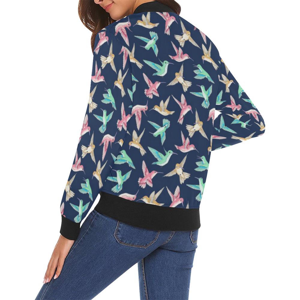 Hummingbird Colorful Pattern Print Women Casual Bomber Jacket-grizzshop