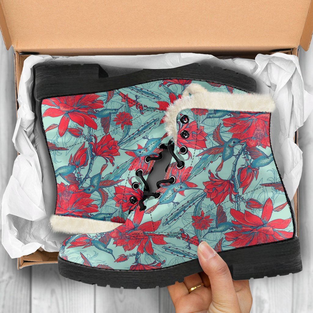 Hummingbird Floral Pattern Print Comfy Winter Boots-grizzshop