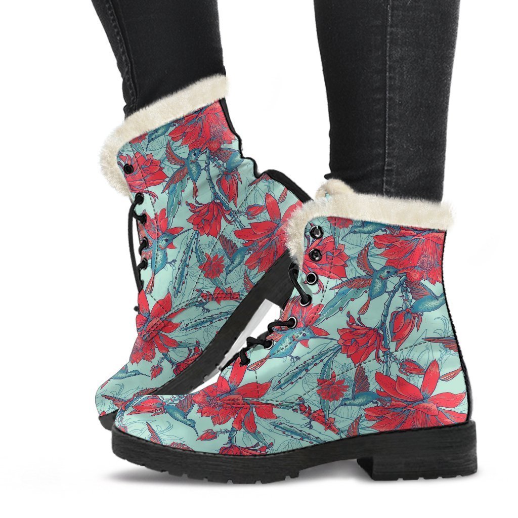 Hummingbird Floral Pattern Print Comfy Winter Boots-grizzshop
