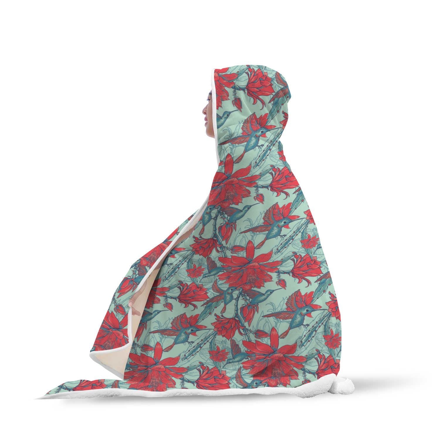 Hummingbird Floral Pattern Print Hooded Blanket-grizzshop