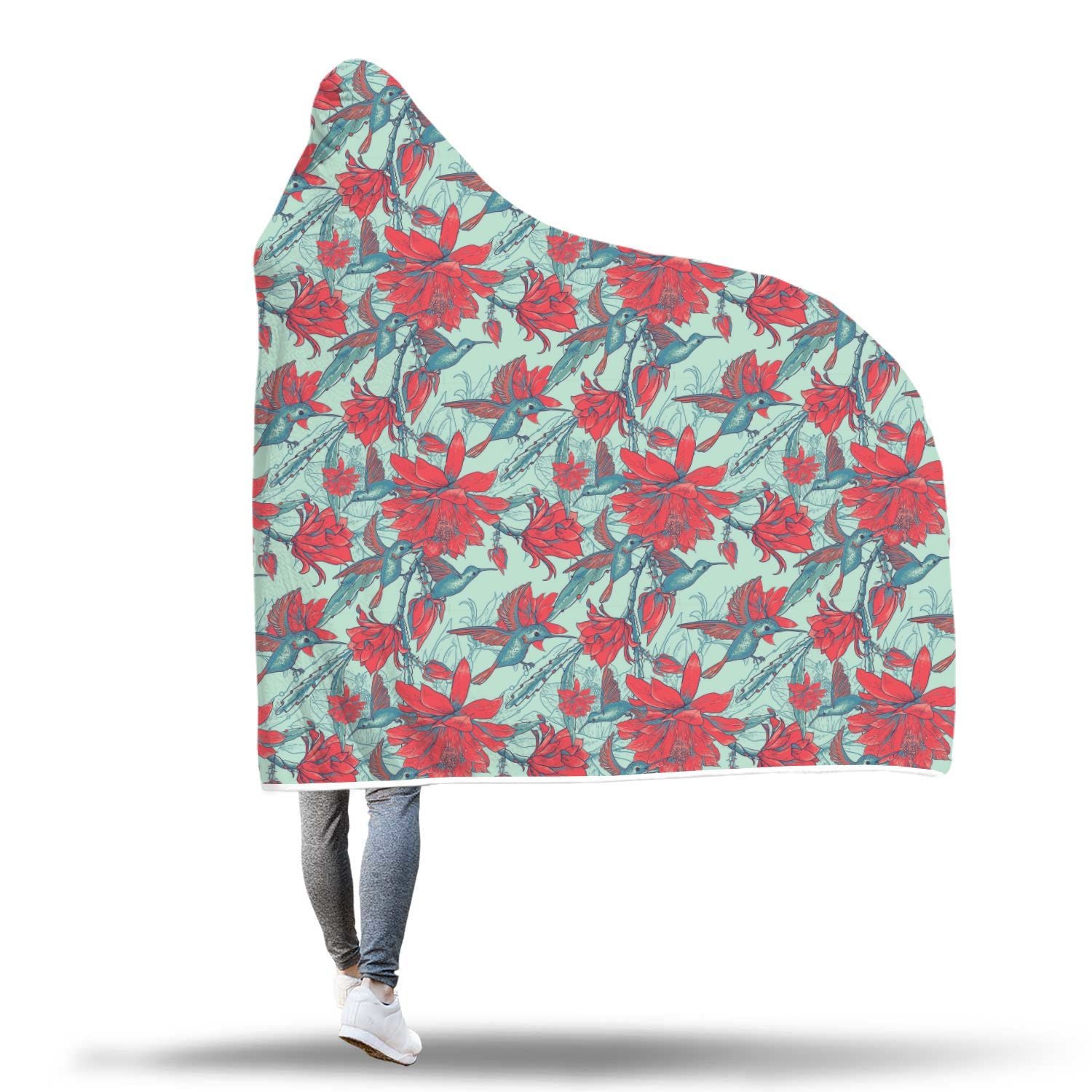 Hummingbird Floral Pattern Print Hooded Blanket-grizzshop