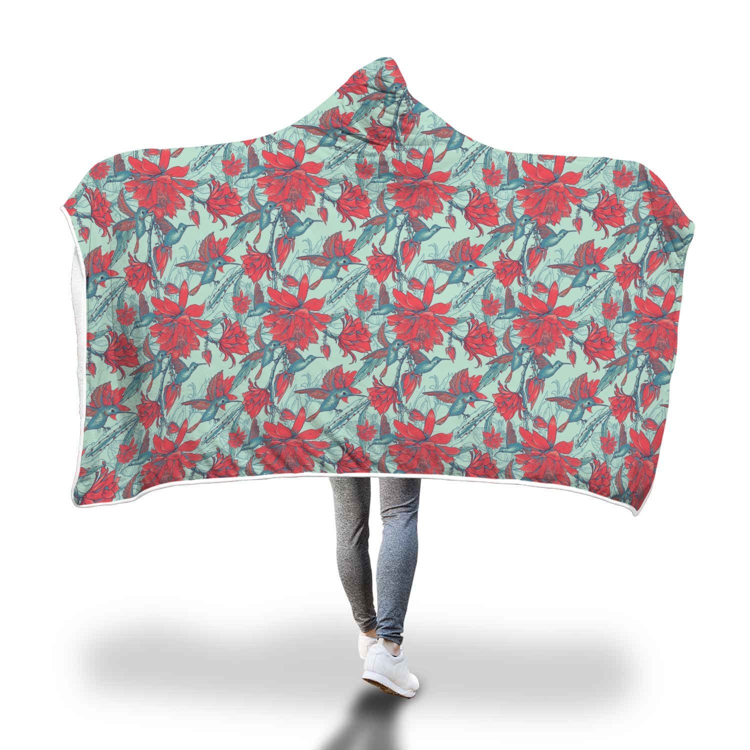 Hummingbird Floral Pattern Print Hooded Blanket-grizzshop