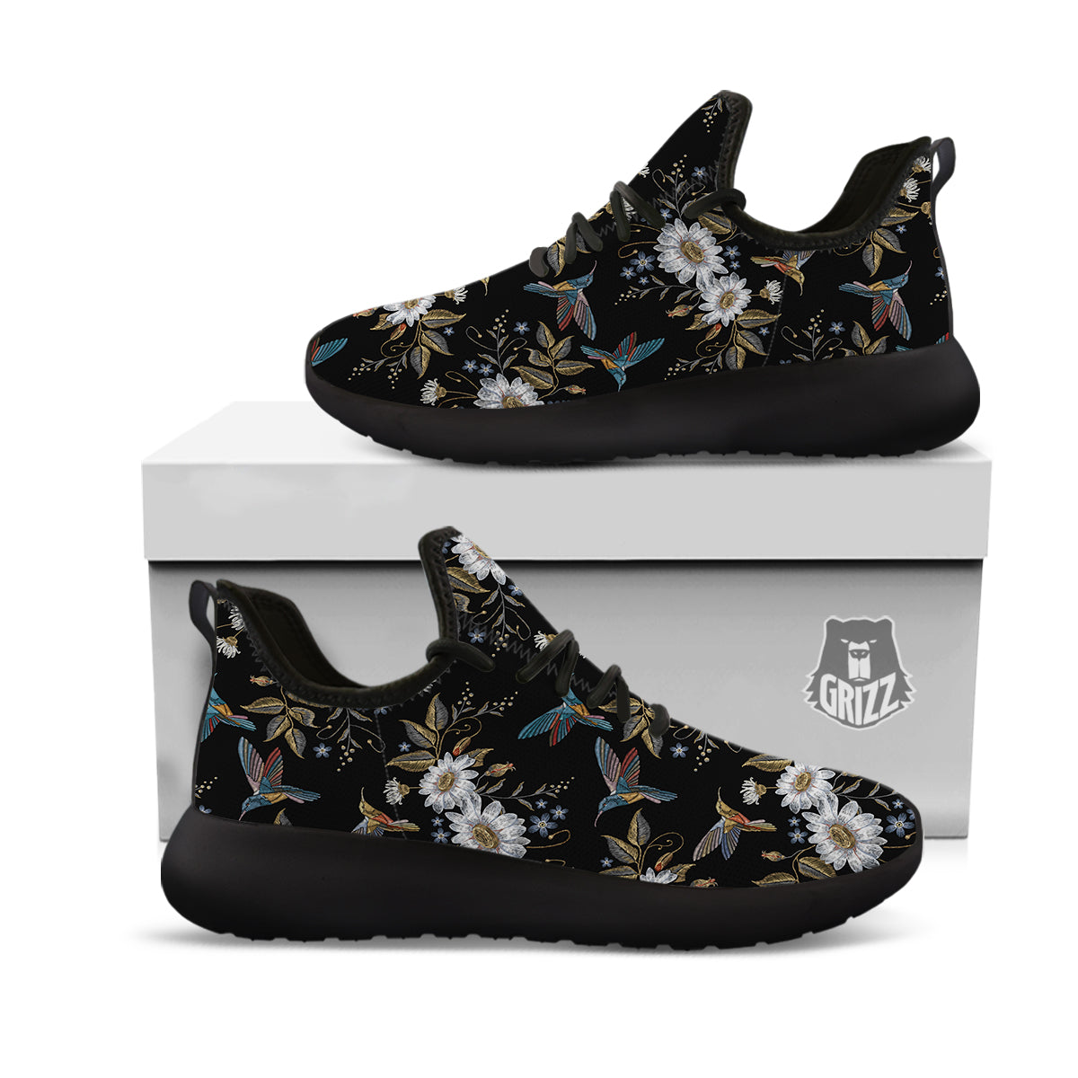 Hummingbird Floral Vintage Print Pattern Black Athletic Shoes-grizzshop