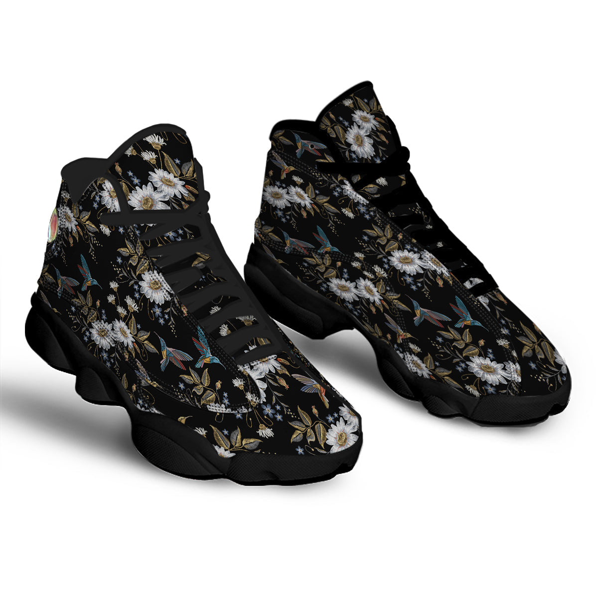 Hummingbird Floral Vintage Print Pattern Black Basketball Shoes-grizzshop