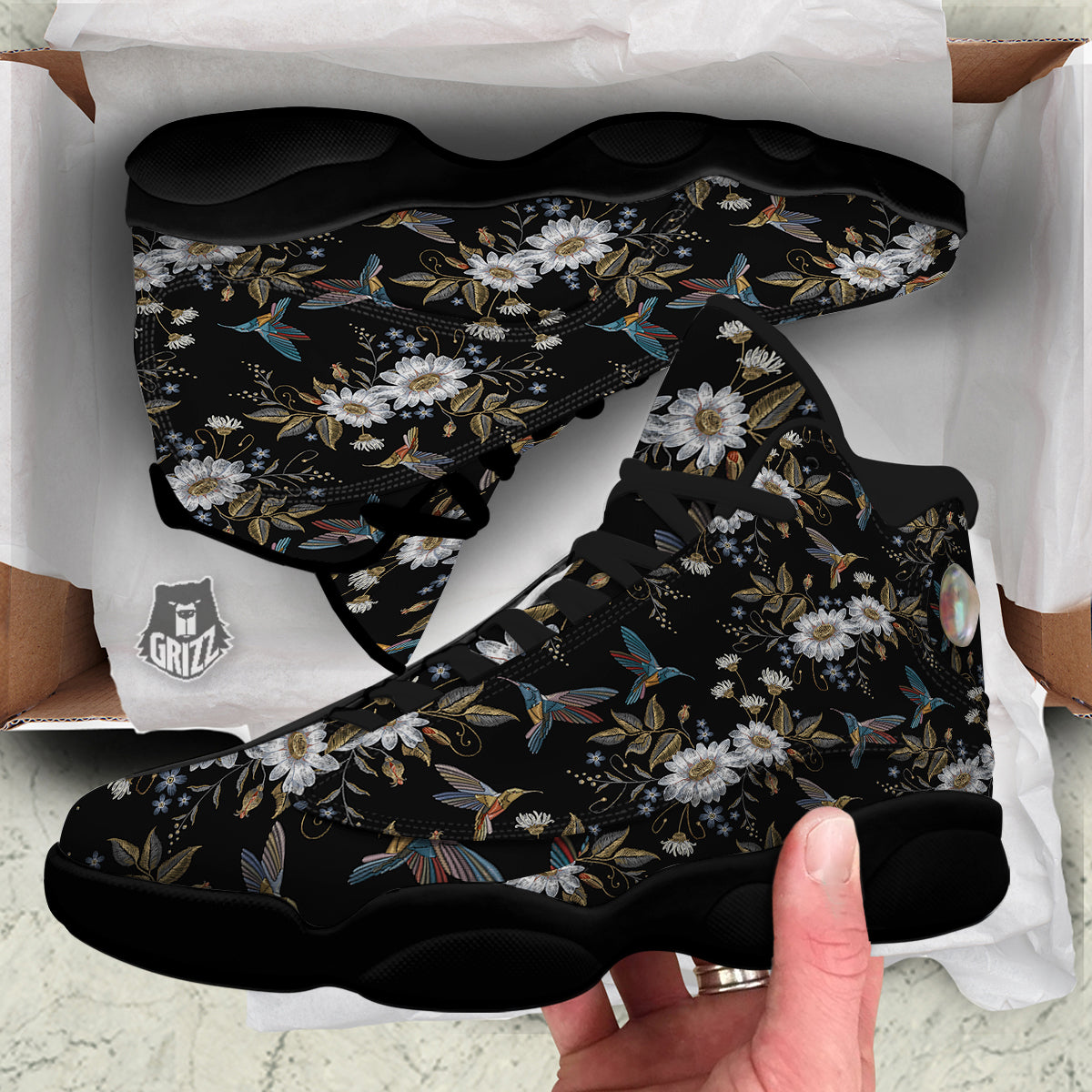 Hummingbird Floral Vintage Print Pattern Black Basketball Shoes-grizzshop