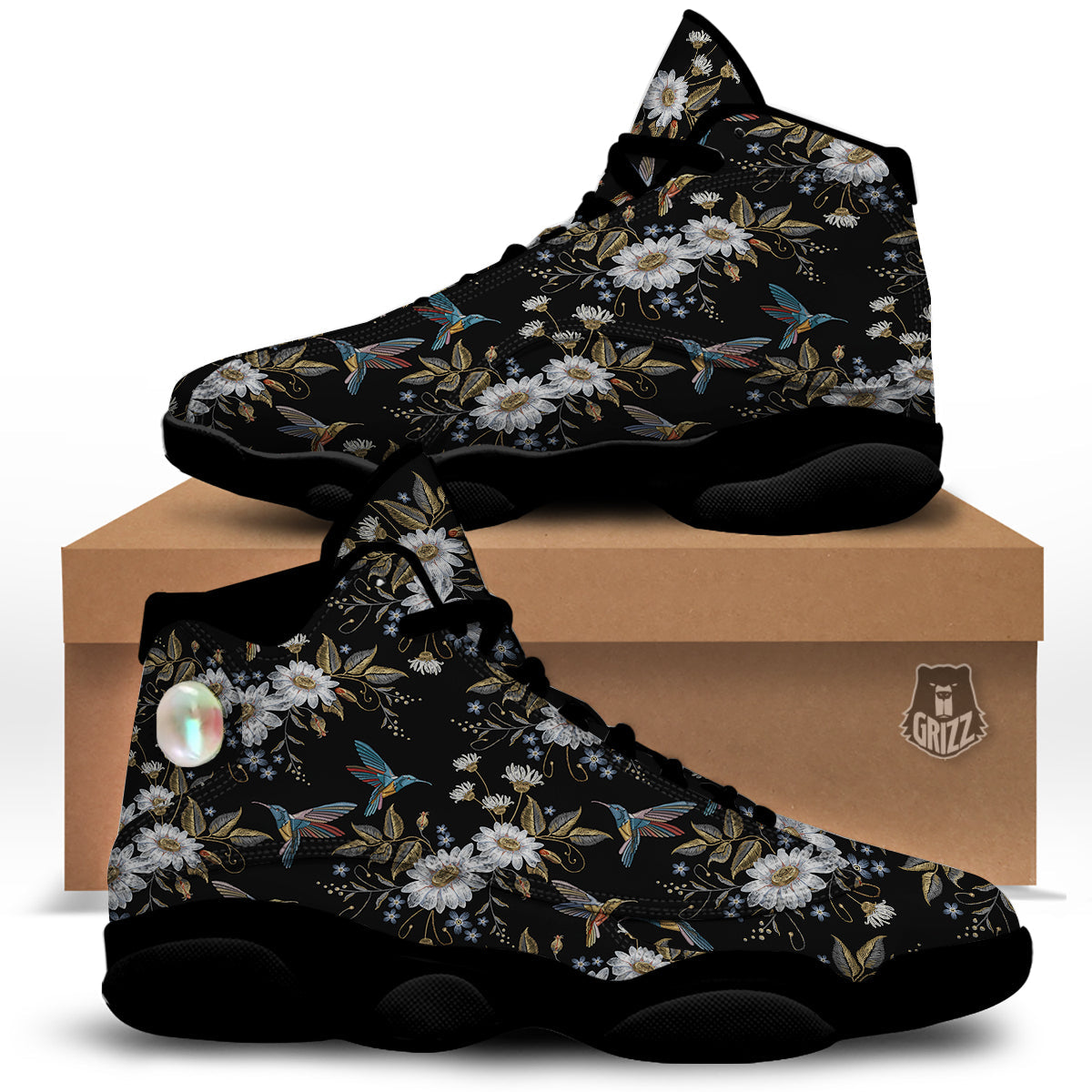 Hummingbird Floral Vintage Print Pattern Black Basketball Shoes-grizzshop