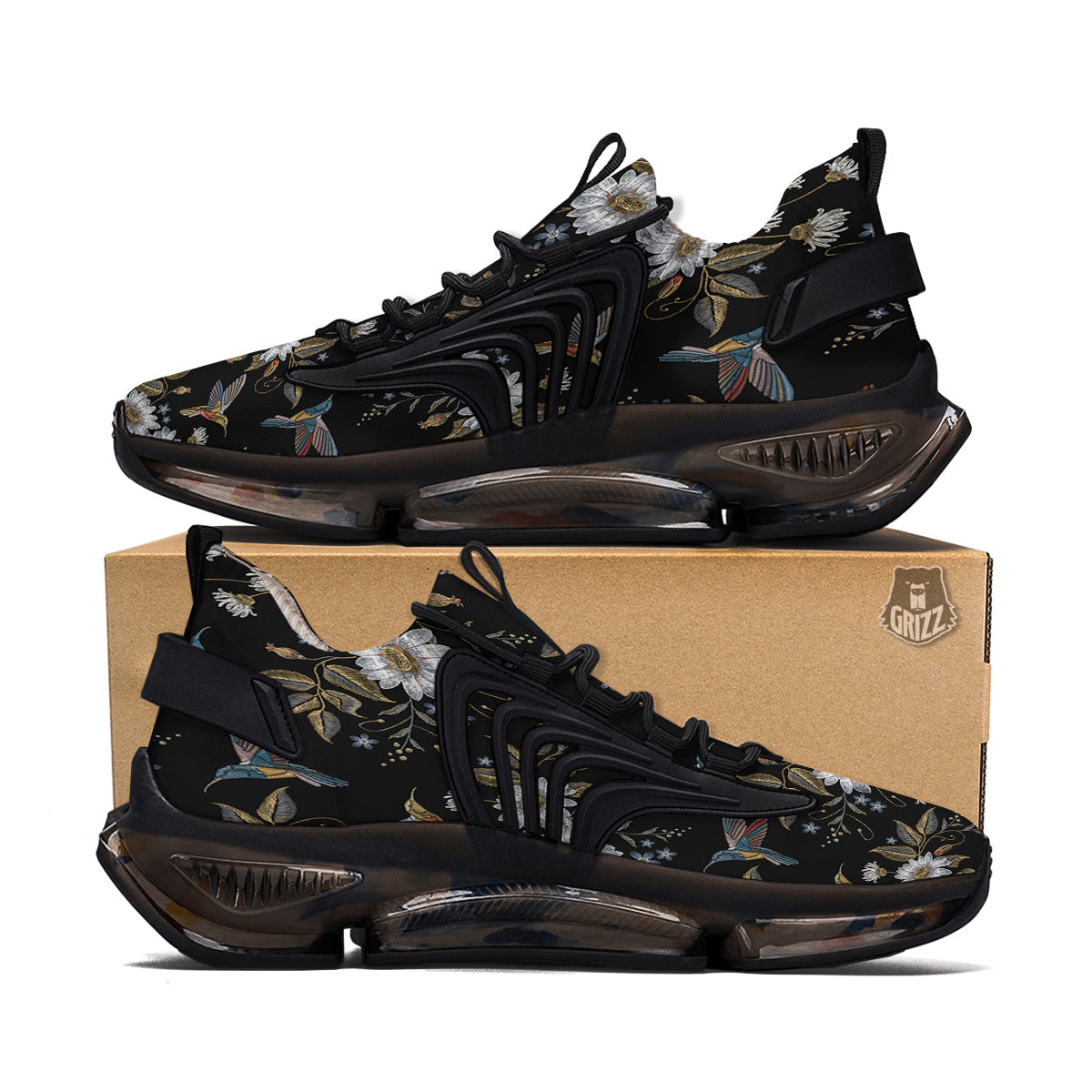 Hummingbird Floral Vintage Print Pattern Black Gym Shoes-grizzshop