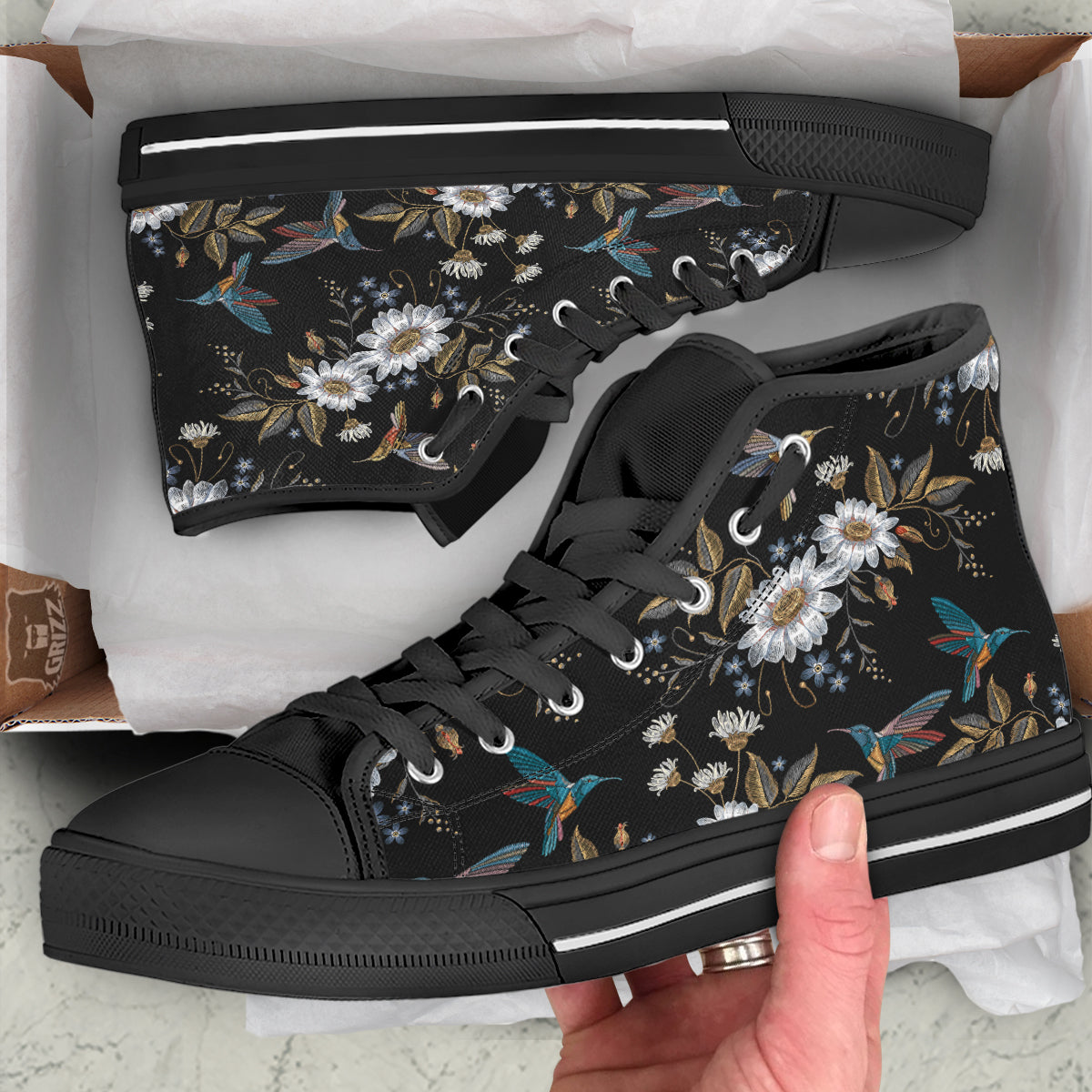 Hummingbird Floral Vintage Print Pattern Black High Top Shoes-grizzshop