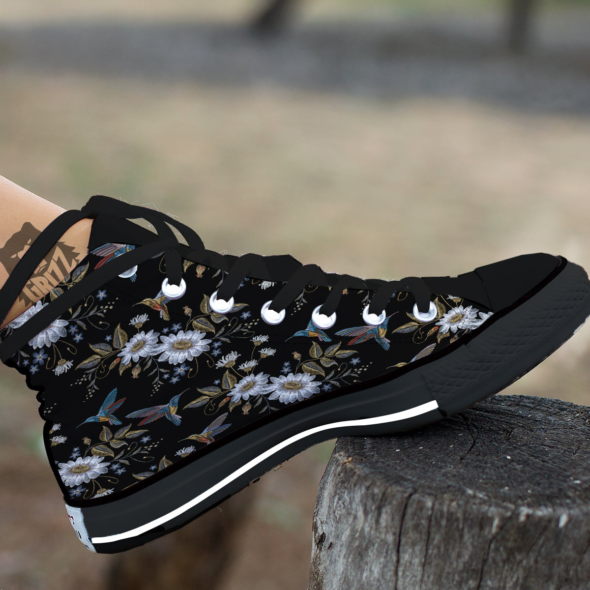 Hummingbird Floral Vintage Print Pattern Black High Top Shoes-grizzshop