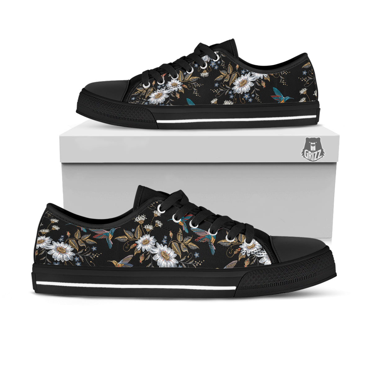 Hummingbird Floral Vintage Print Pattern Black Low Top Shoes-grizzshop