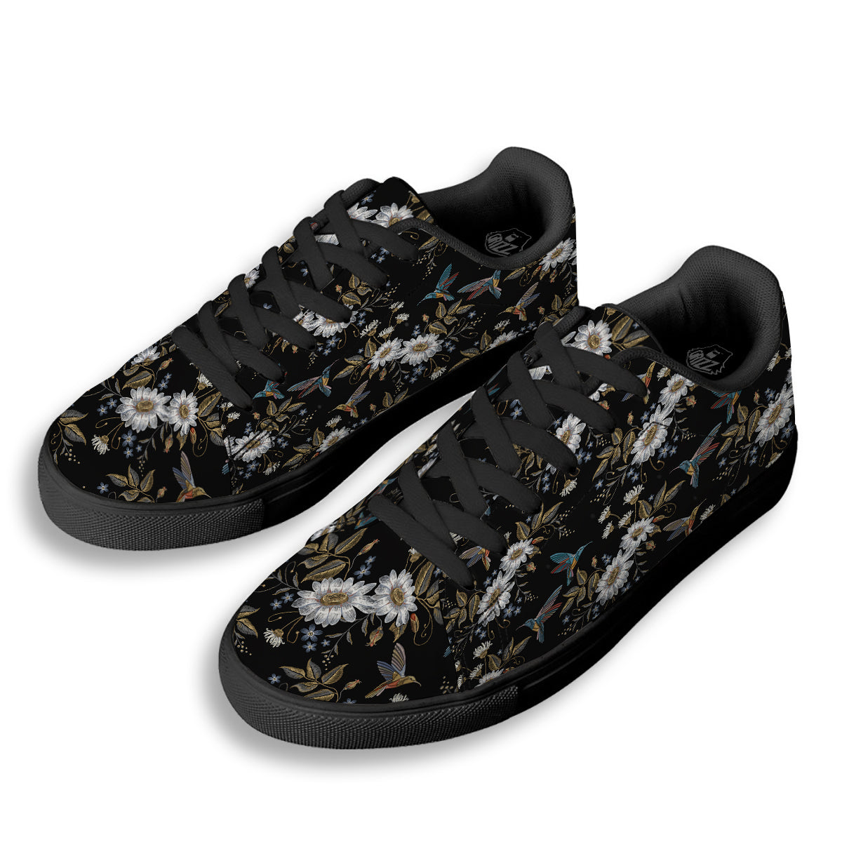 Hummingbird Floral Vintage Print Pattern Black Low Top Sneakers-grizzshop