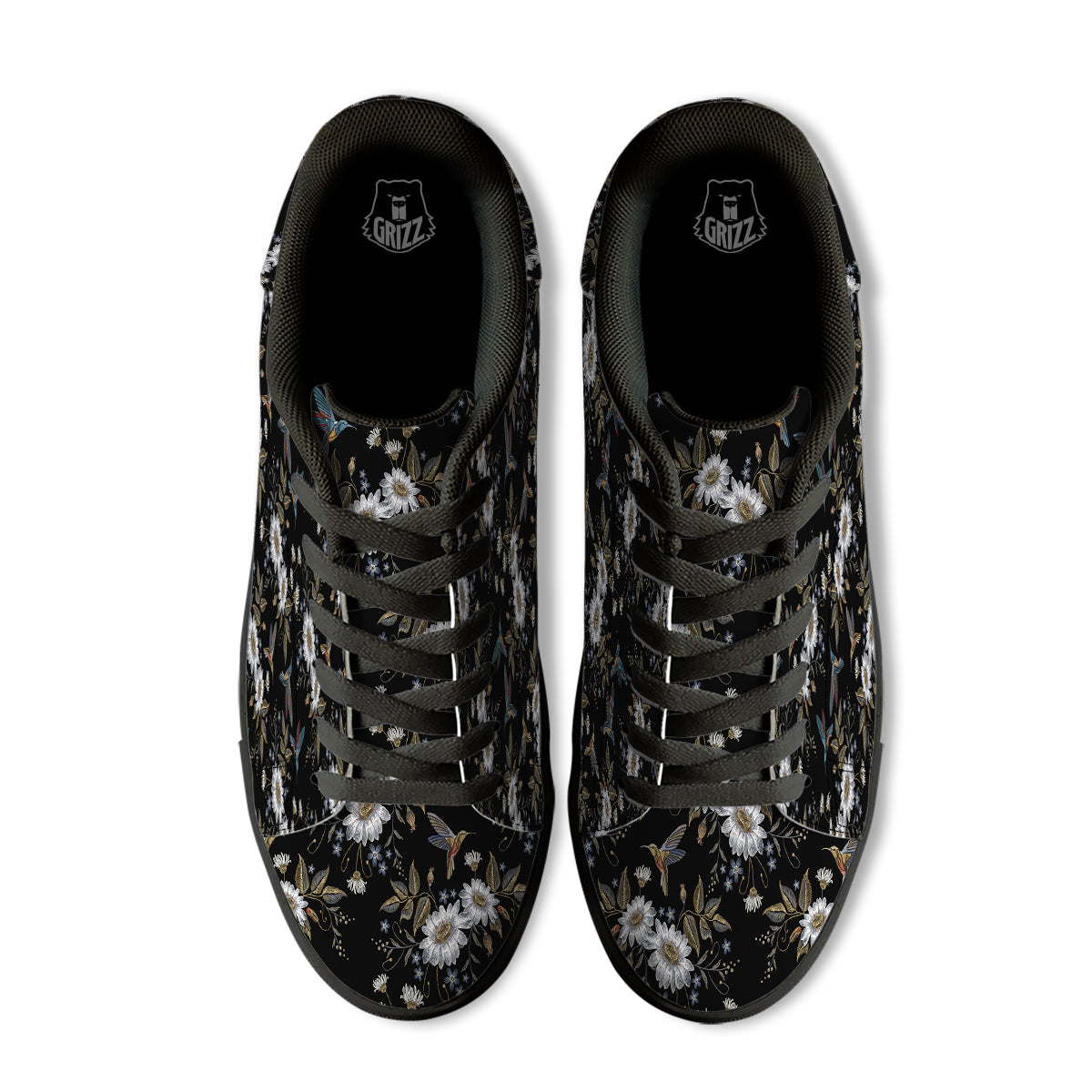 Hummingbird Floral Vintage Print Pattern Black Low Top Sneakers-grizzshop