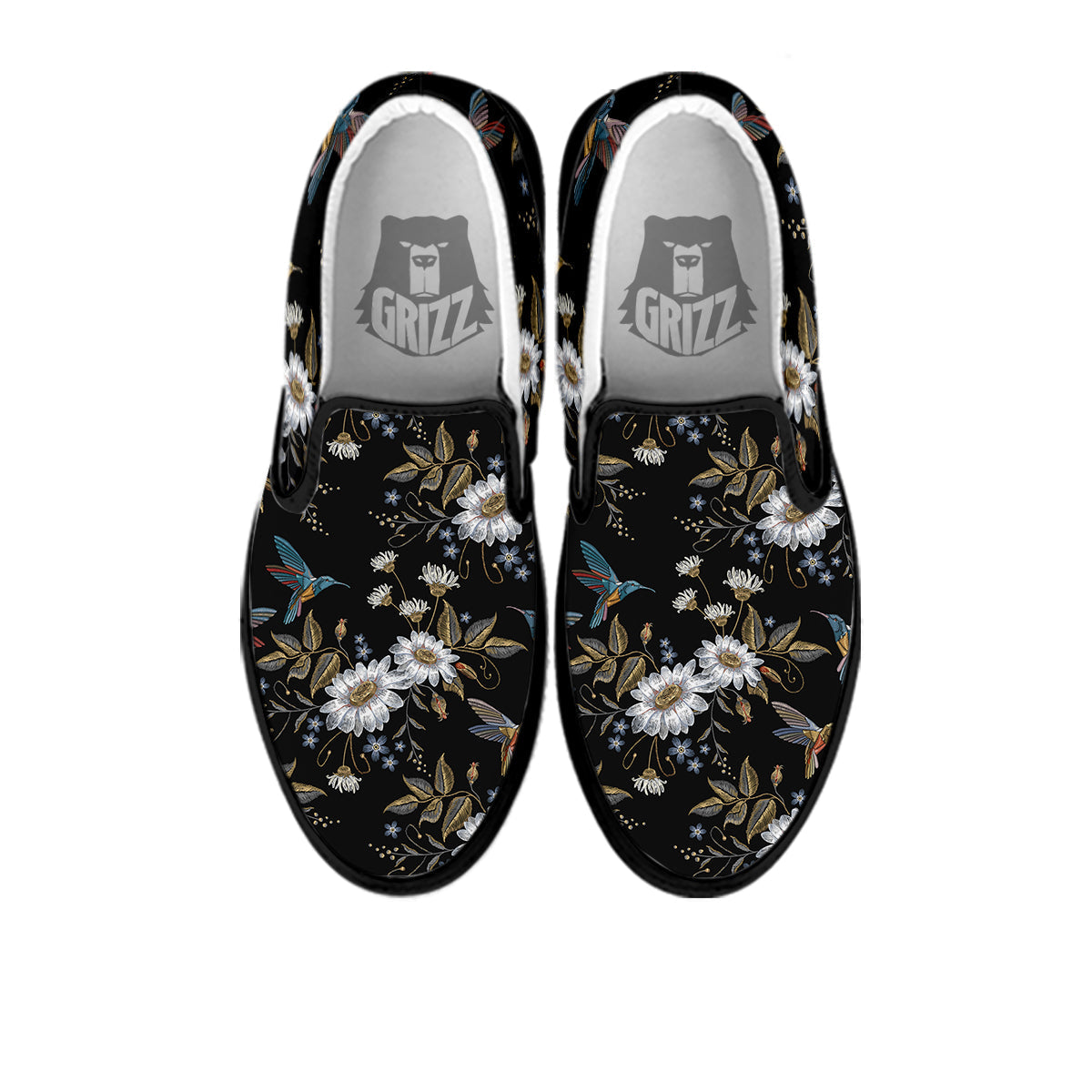 Hummingbird Floral Vintage Print Pattern Black Slip On Shoes-grizzshop