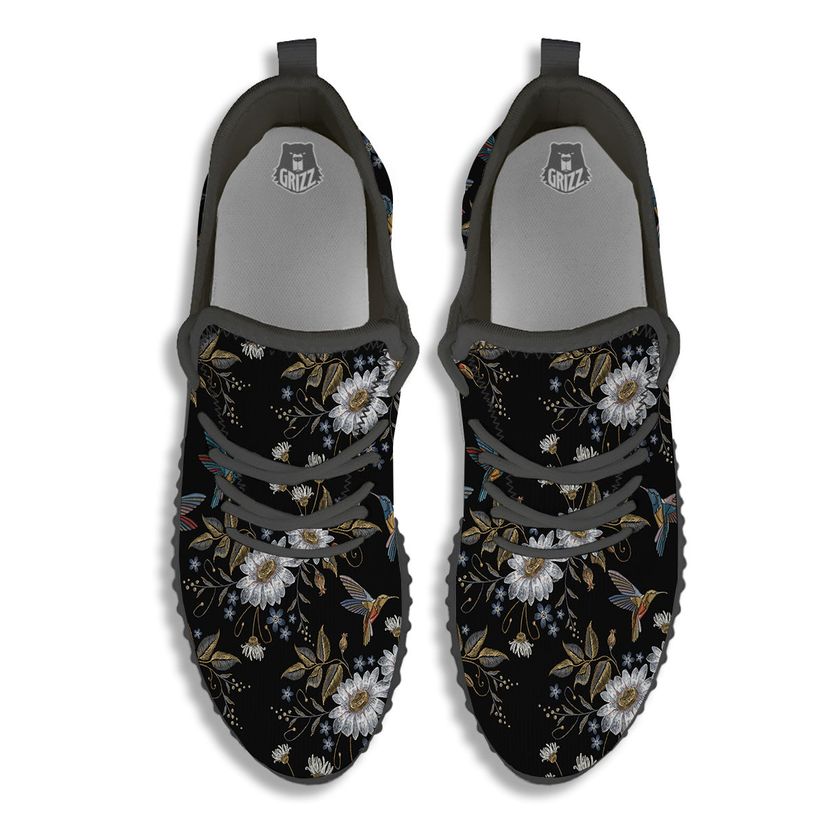 Hummingbird Floral Vintage Print Pattern Black Walking Shoes-grizzshop