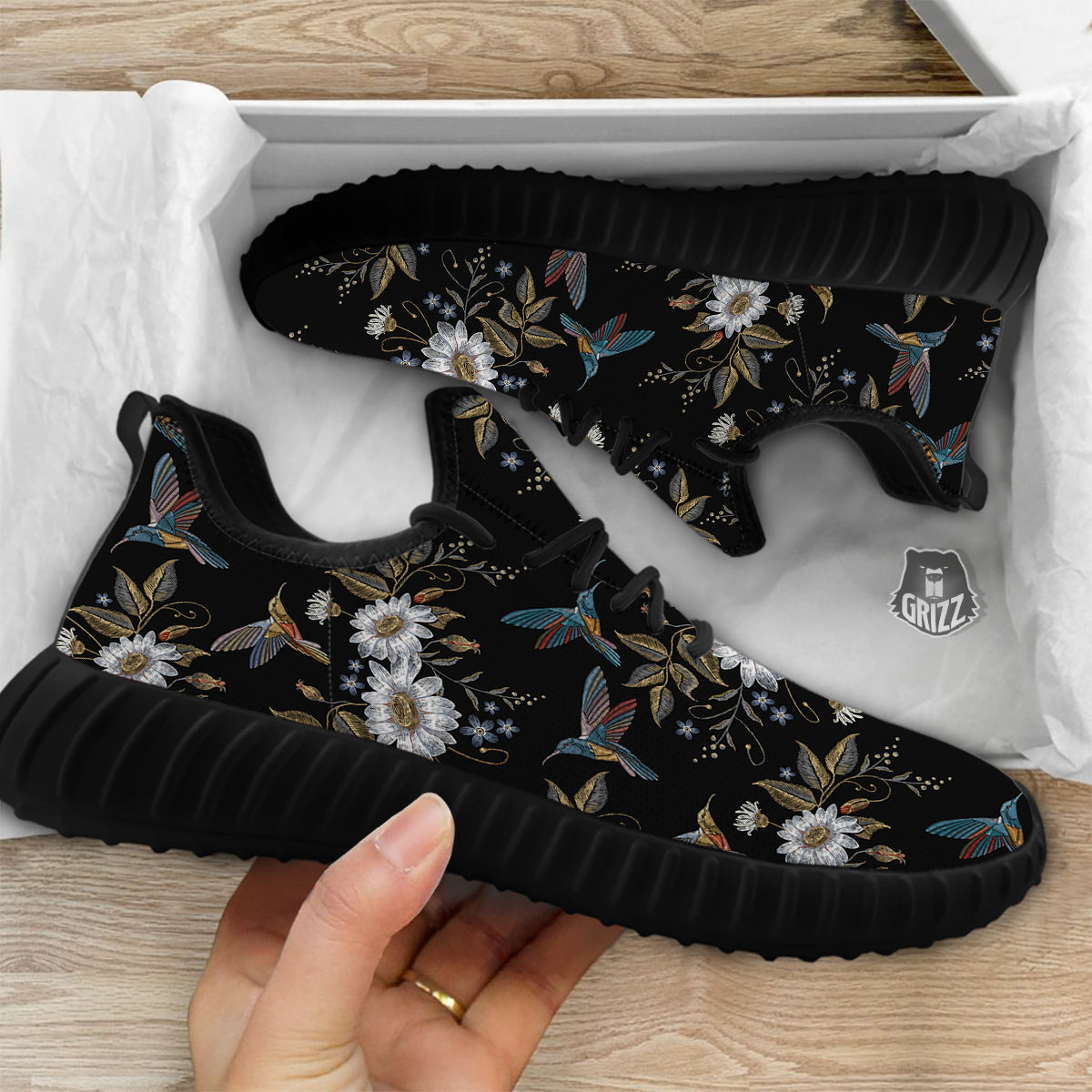 Hummingbird Floral Vintage Print Pattern Black Walking Shoes-grizzshop
