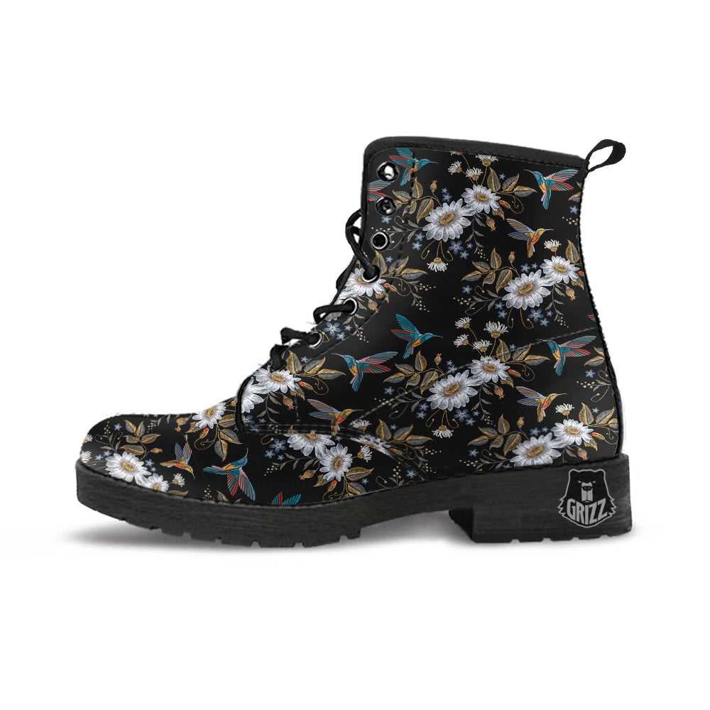 Hummingbird Floral Vintage Print Pattern Leather Boots-grizzshop