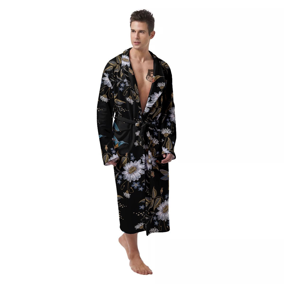 Hummingbird Floral Vintage Print Pattern Men's Robe-grizzshop