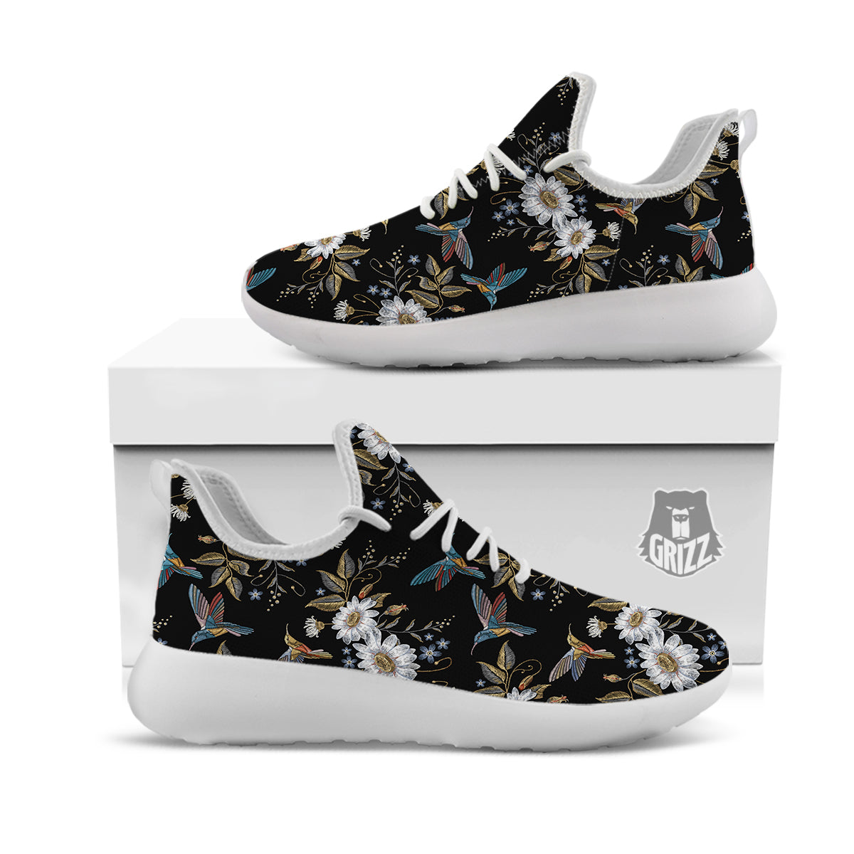 Hummingbird Floral Vintage Print Pattern White Athletic Shoes-grizzshop