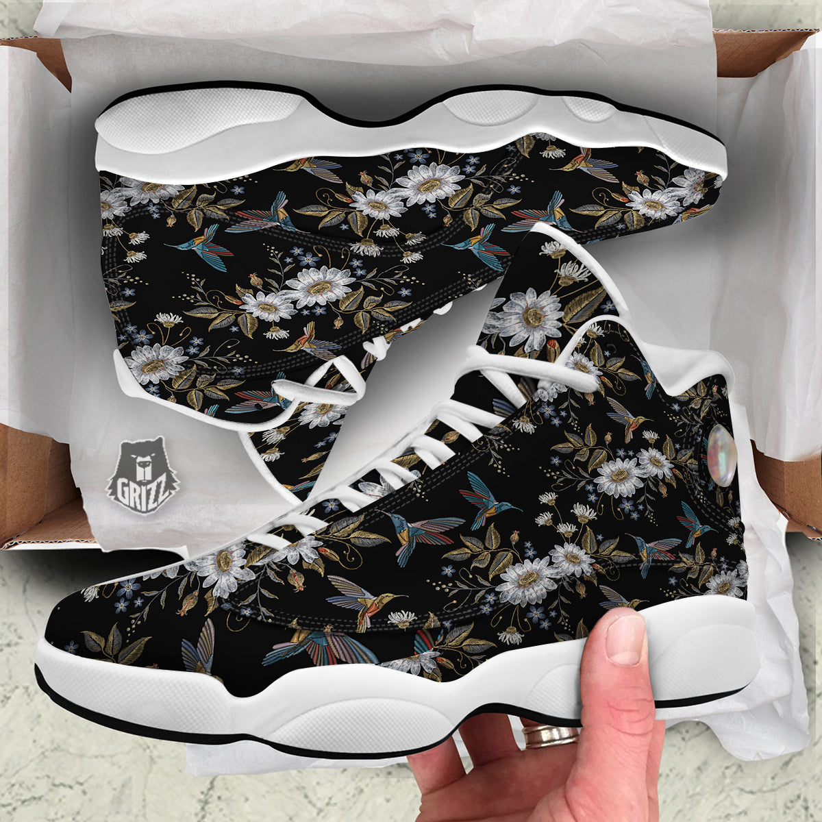 Hummingbird Floral Vintage Print Pattern White Basketball Shoes-grizzshop