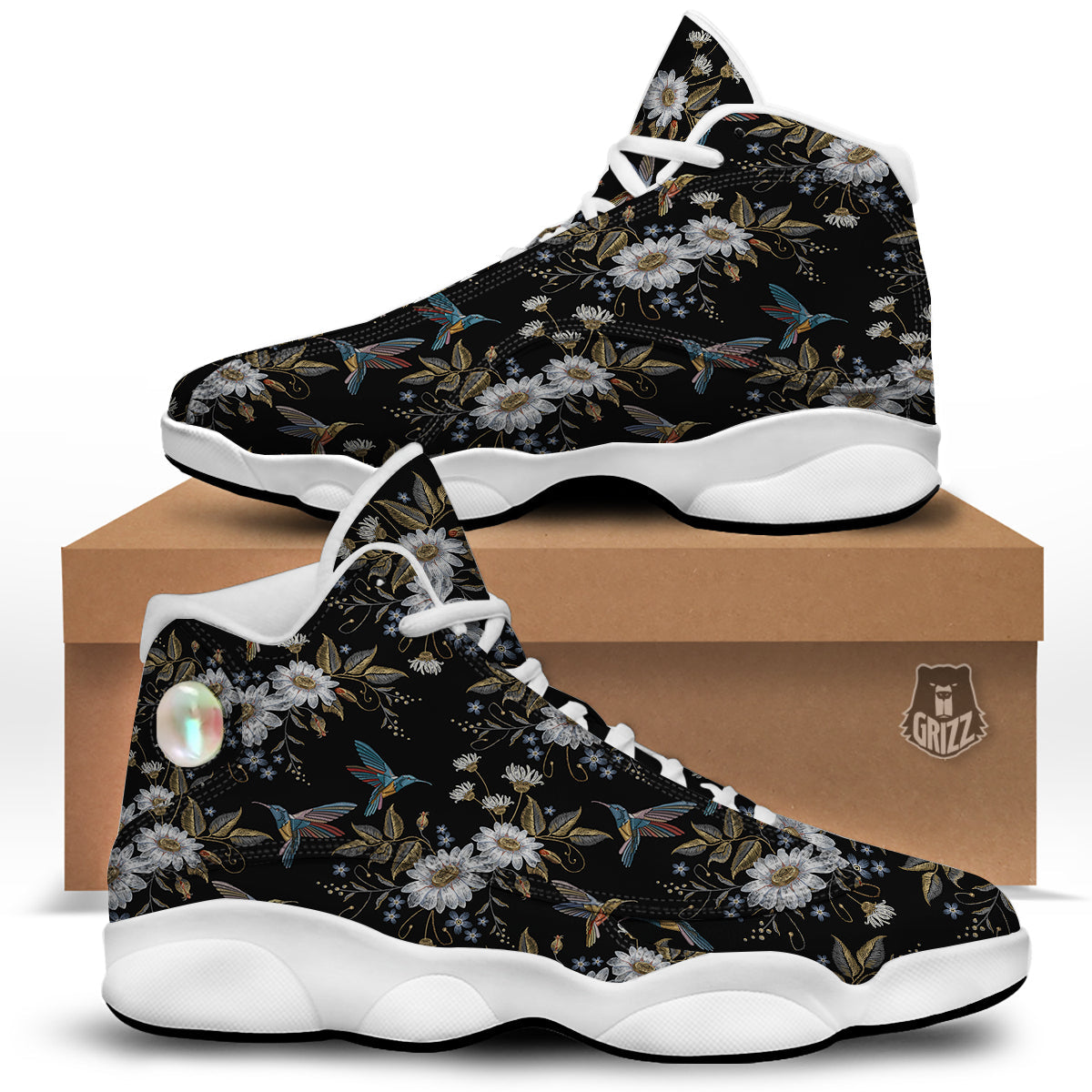 Hummingbird Floral Vintage Print Pattern White Basketball Shoes-grizzshop