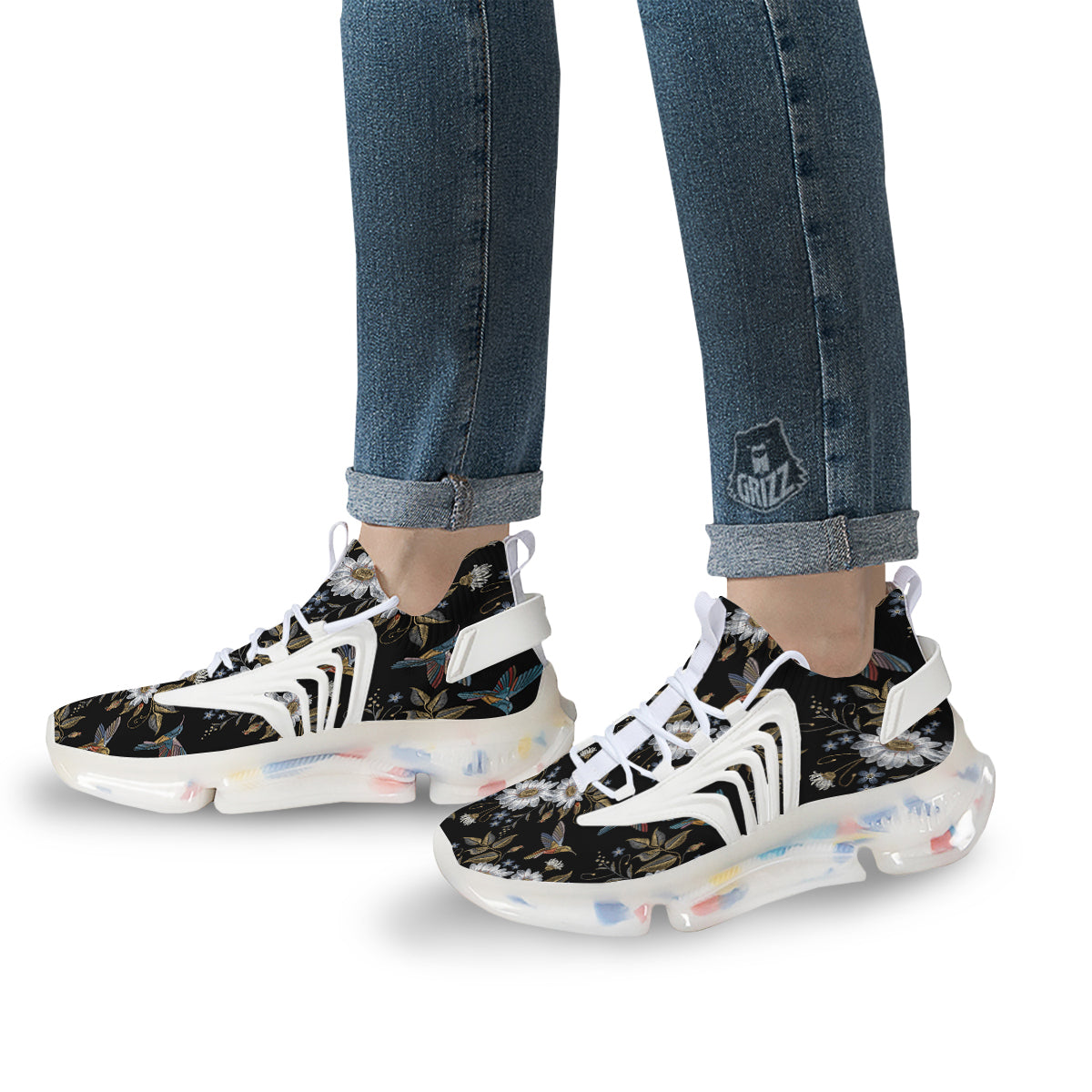 Hummingbird Floral Vintage Print Pattern White Gym Shoes-grizzshop