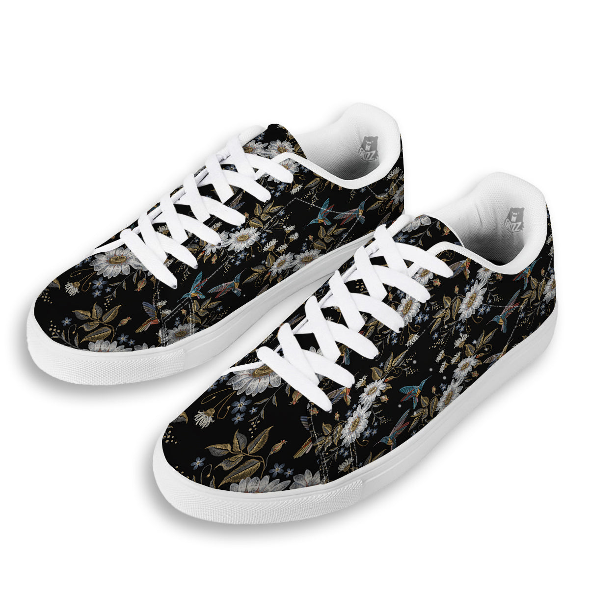 Hummingbird Floral Vintage Print Pattern White Low Top Sneakers-grizzshop