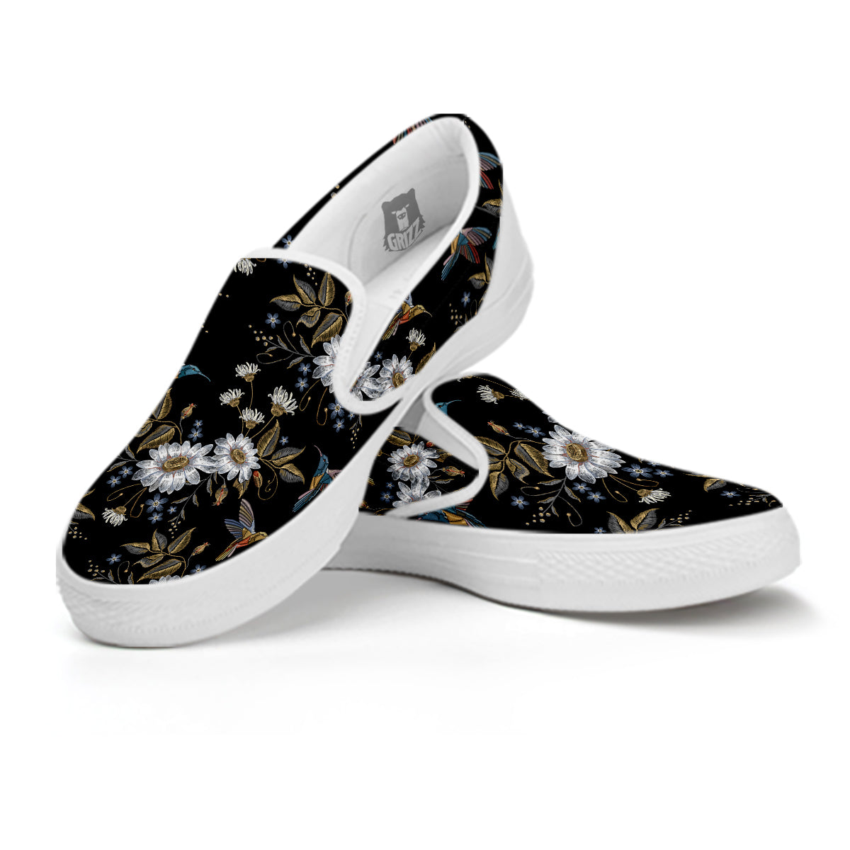 Hummingbird Floral Vintage Print Pattern White Slip On Shoes-grizzshop