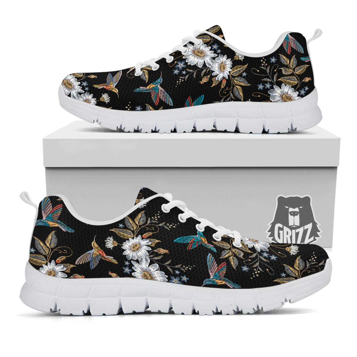 Hummingbird Floral Vintage Print Pattern White Sneaker-grizzshop