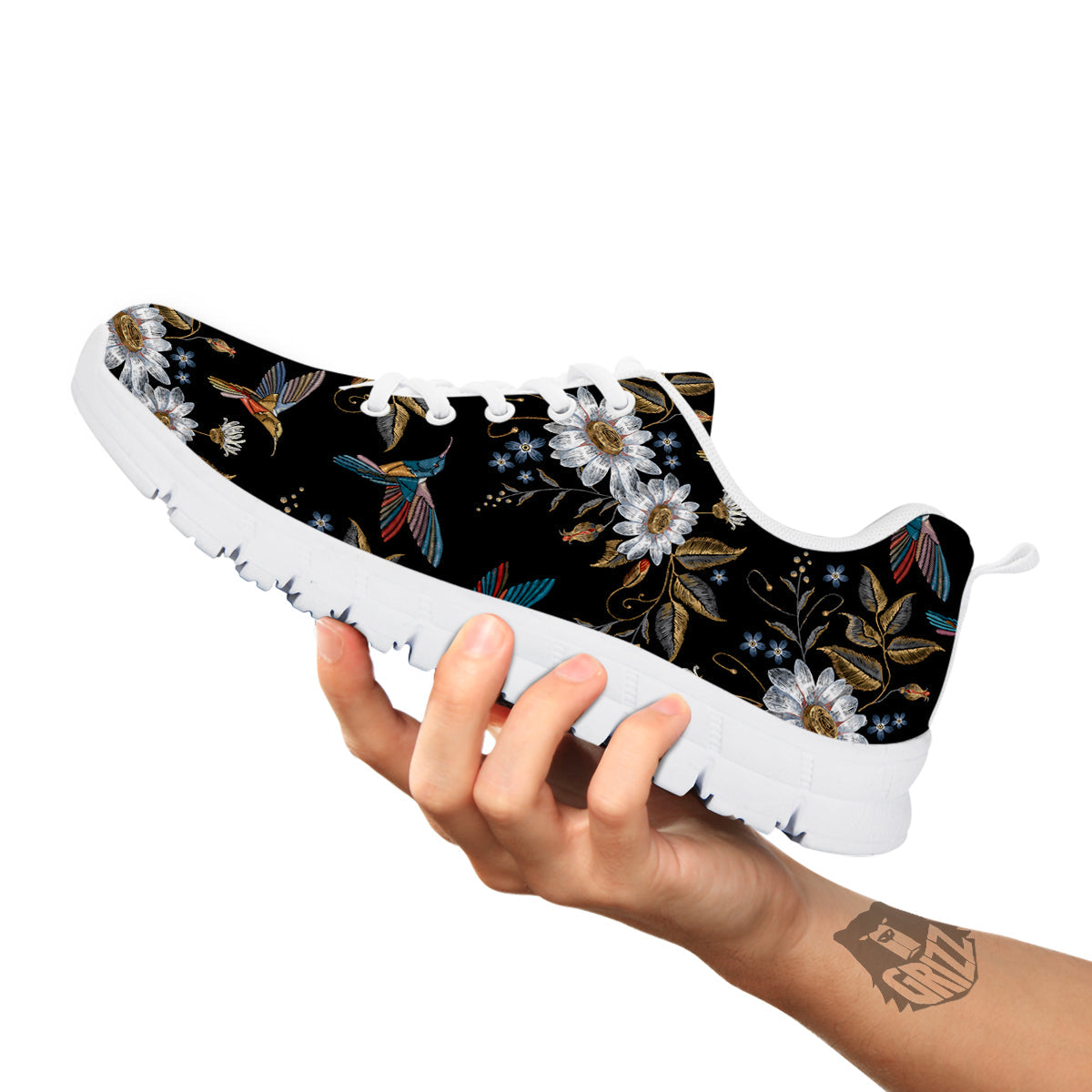Hummingbird Floral Vintage Print Pattern White Sneaker-grizzshop