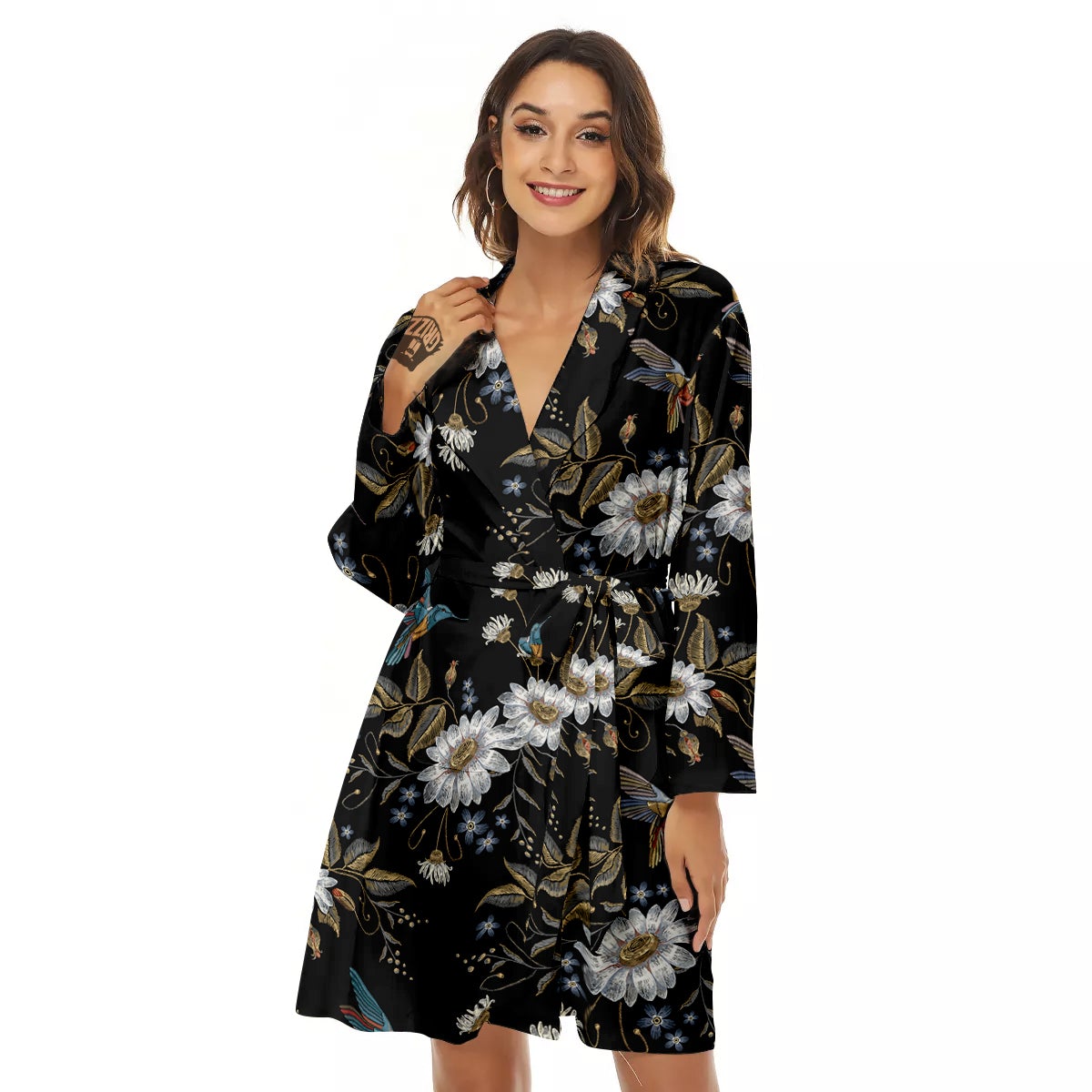 Hummingbird Floral Vintage Print Pattern Women's Robe-grizzshop