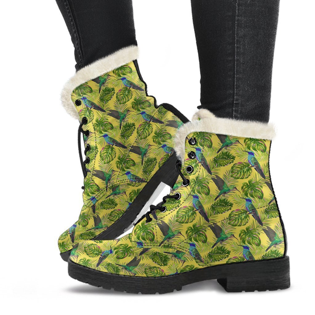 Hummingbird Palm Leaves Pattern Print Comfy Winter Boots-grizzshop