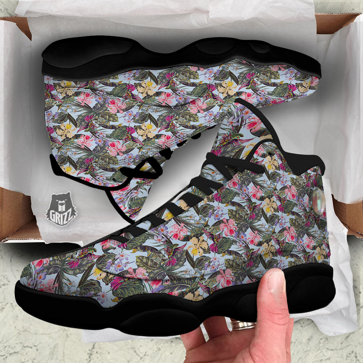 Hummingbird Tropical Print Pattern Black Basketball Shoes-grizzshop