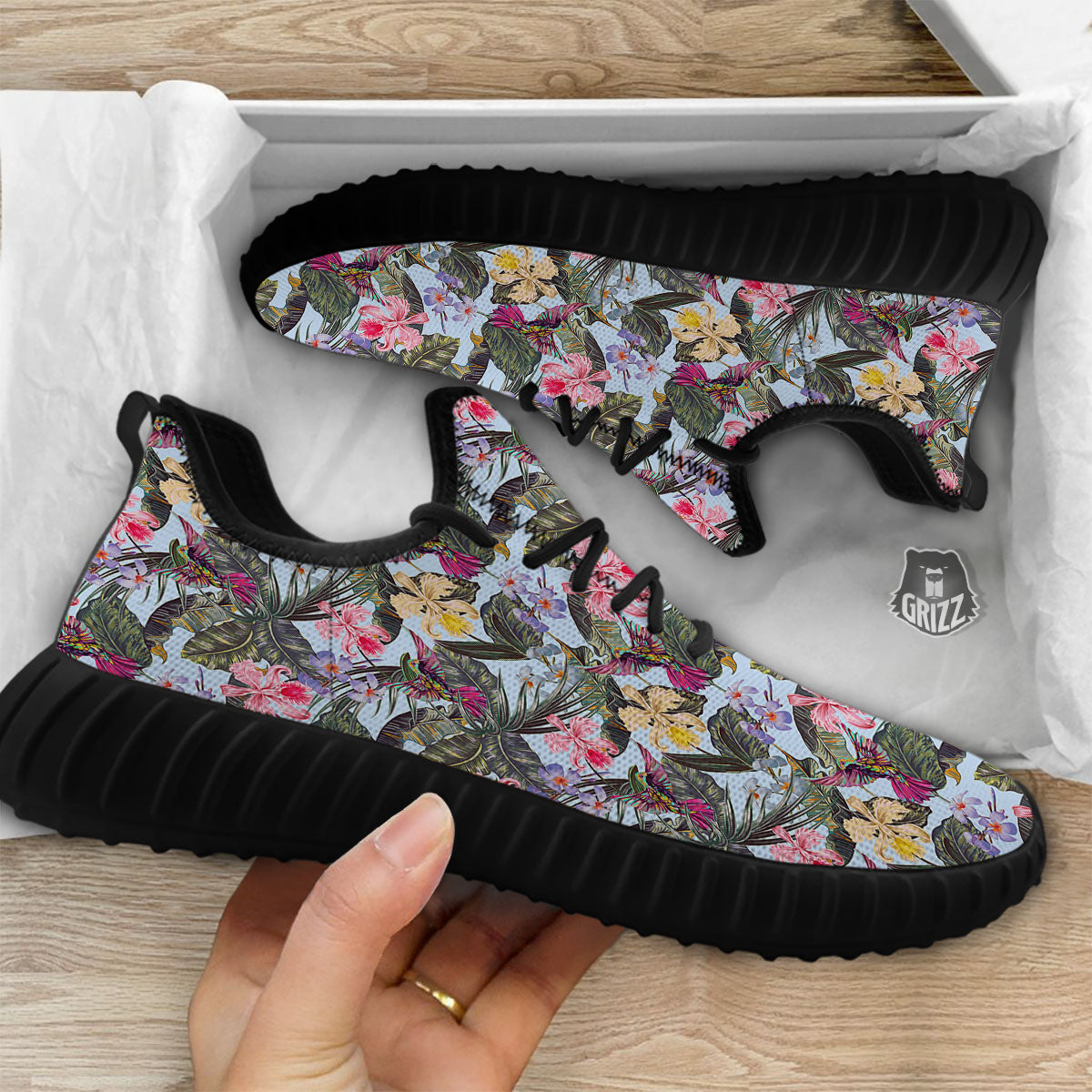Hummingbird Tropical Print Pattern Black Walking Shoes-grizzshop