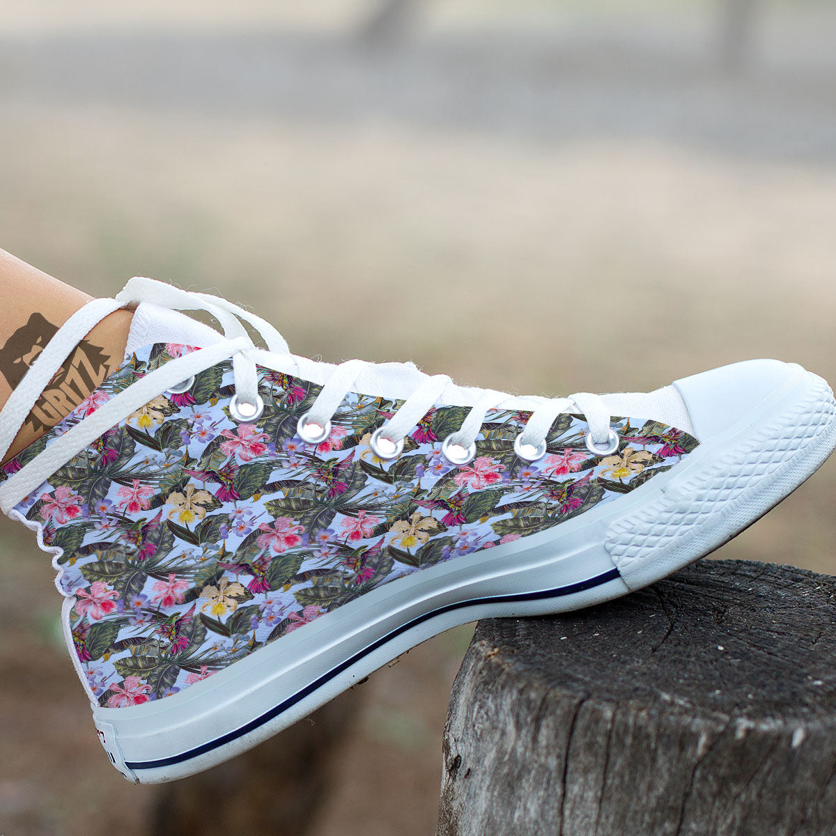 Hummingbird Tropical Print Pattern White High Top Shoes-grizzshop