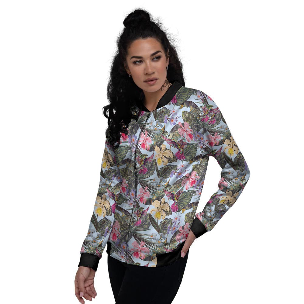 Hummingbird Tropical Print Pattern Women's Bomber Jacket-grizzshop