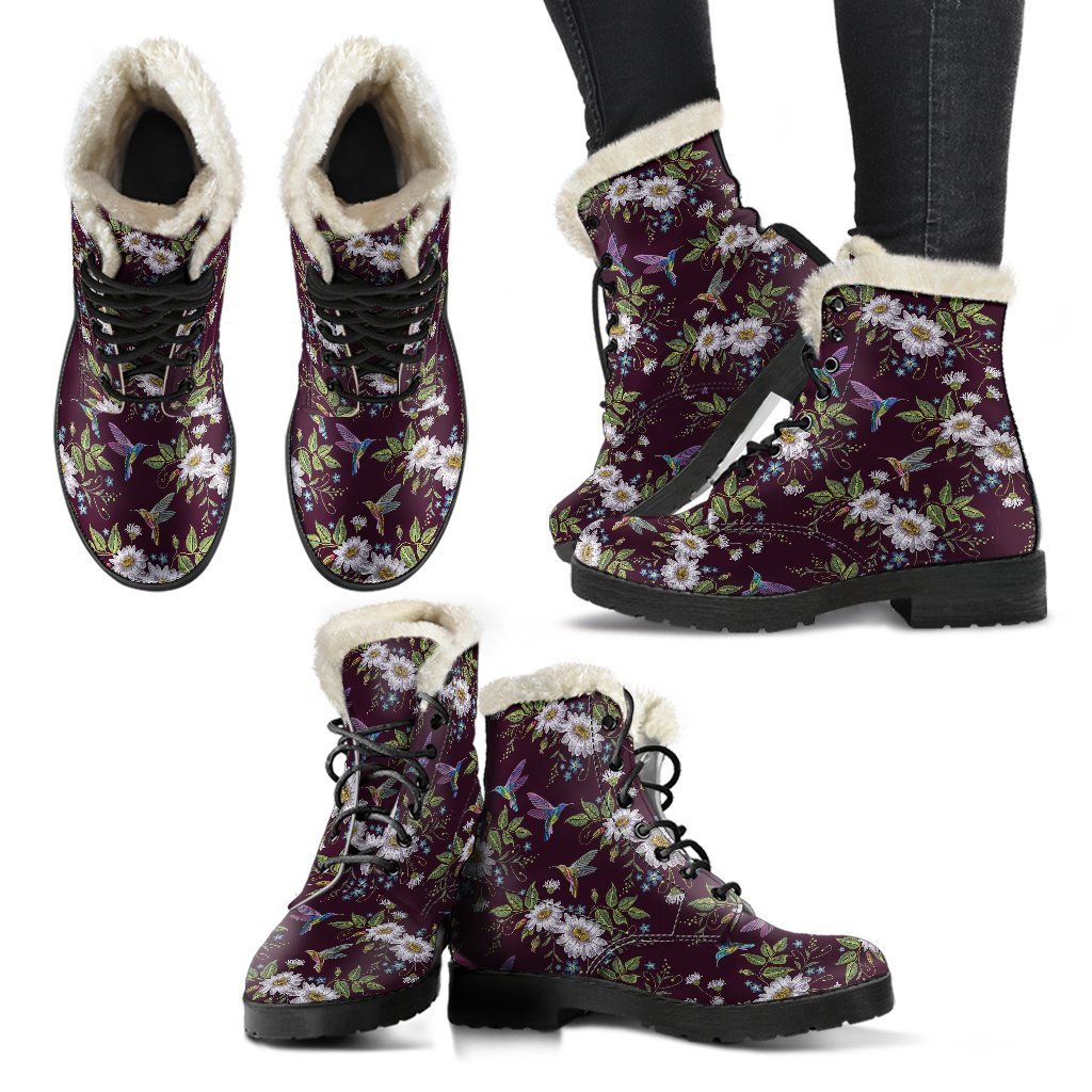 Hummingbird White Daisy Pattern Print Comfy Winter Boots-grizzshop