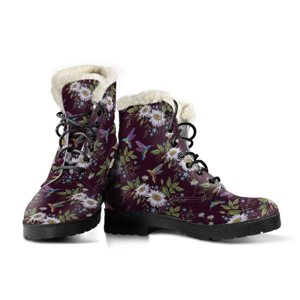 Hummingbird White Daisy Pattern Print Comfy Winter Boots-grizzshop