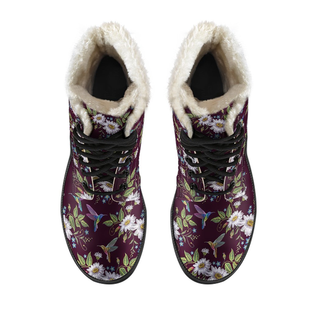 Hummingbird White Daisy Pattern Print Comfy Winter Boots-grizzshop