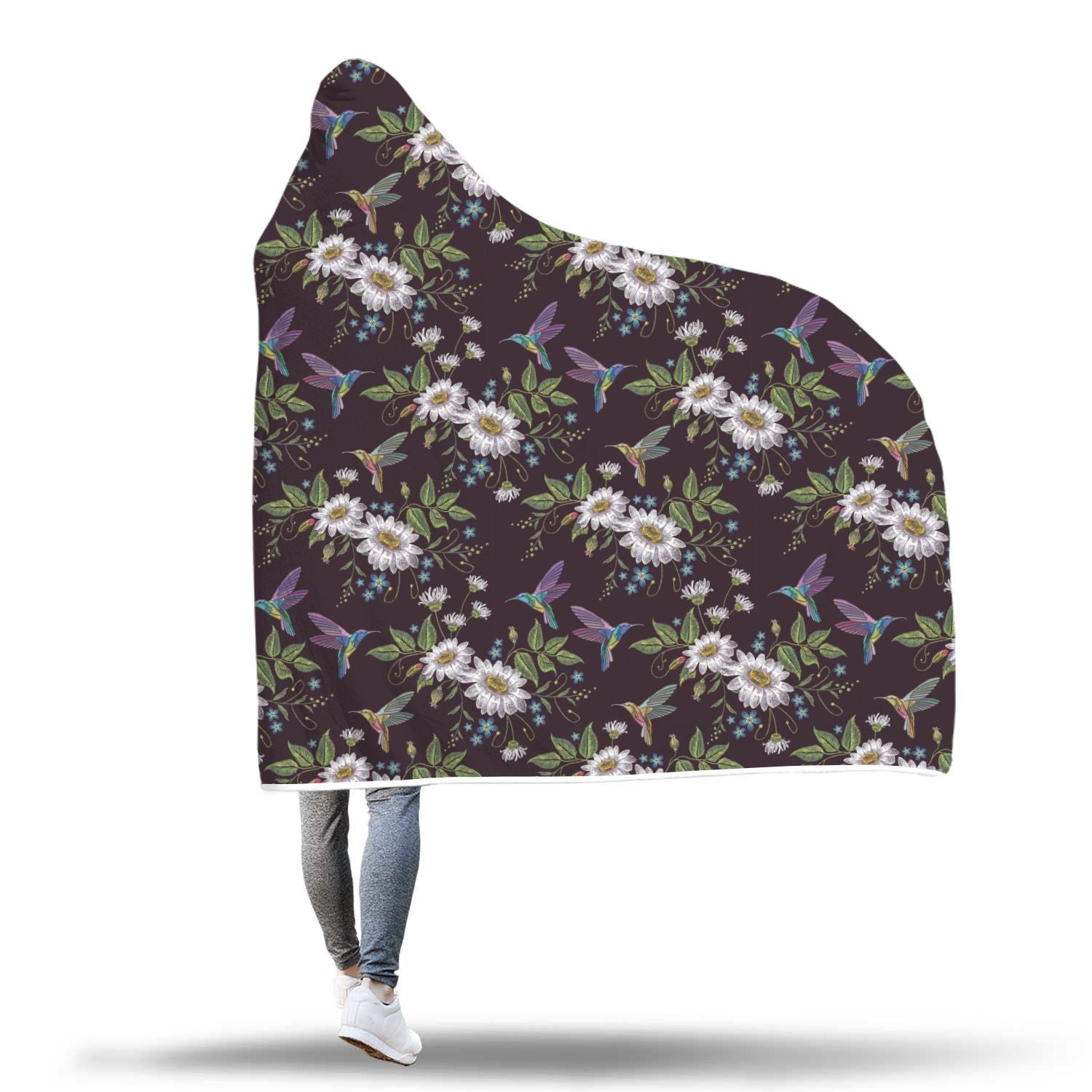 Hummingbird White Daisy Pattern Print Hooded Blanket-grizzshop