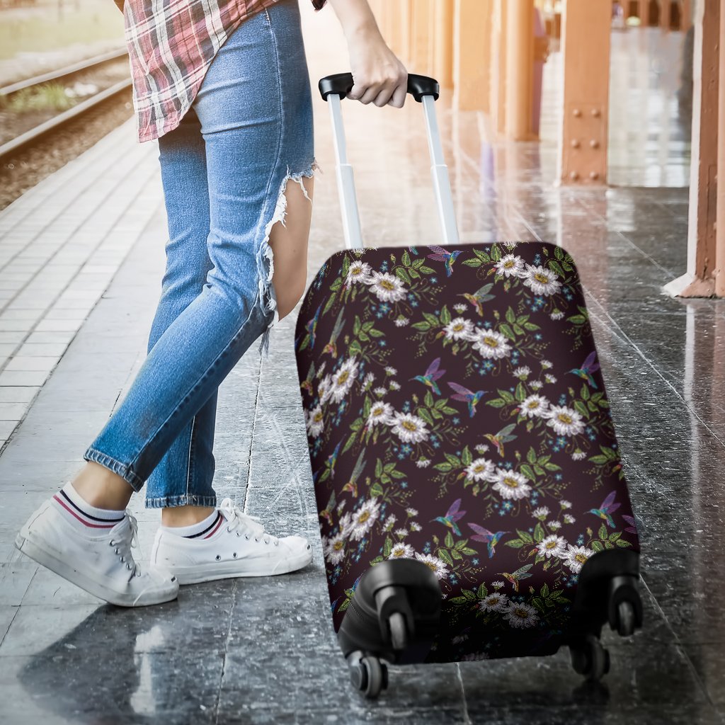 Hummingbird White Daisy Pattern Print Luggage Cover Protector-grizzshop