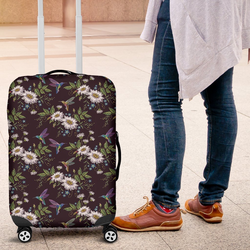 Hummingbird White Daisy Pattern Print Luggage Cover Protector-grizzshop