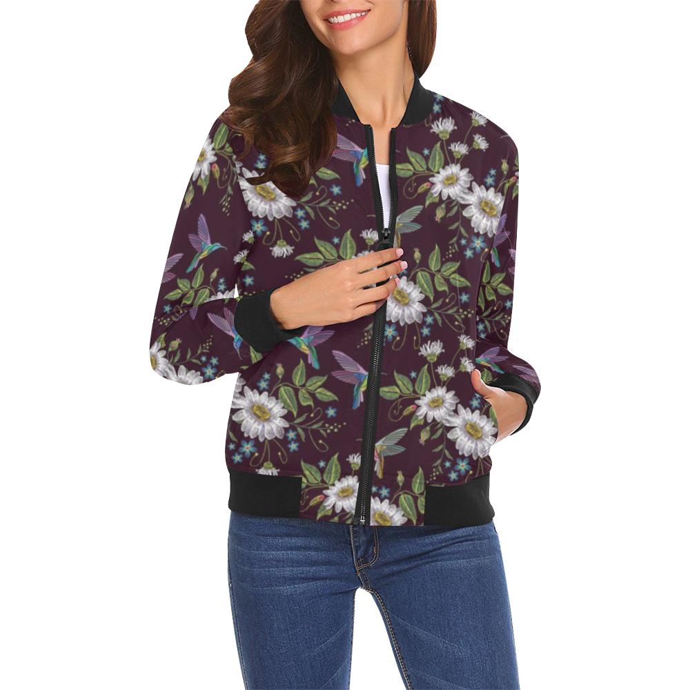 Hummingbird White Daisy Pattern Print Women Casual Bomber Jacket-grizzshop