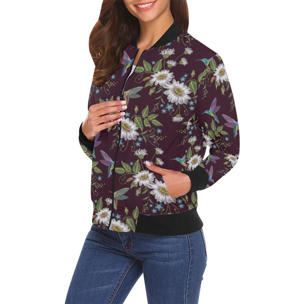 Hummingbird White Daisy Pattern Print Women Casual Bomber Jacket-grizzshop