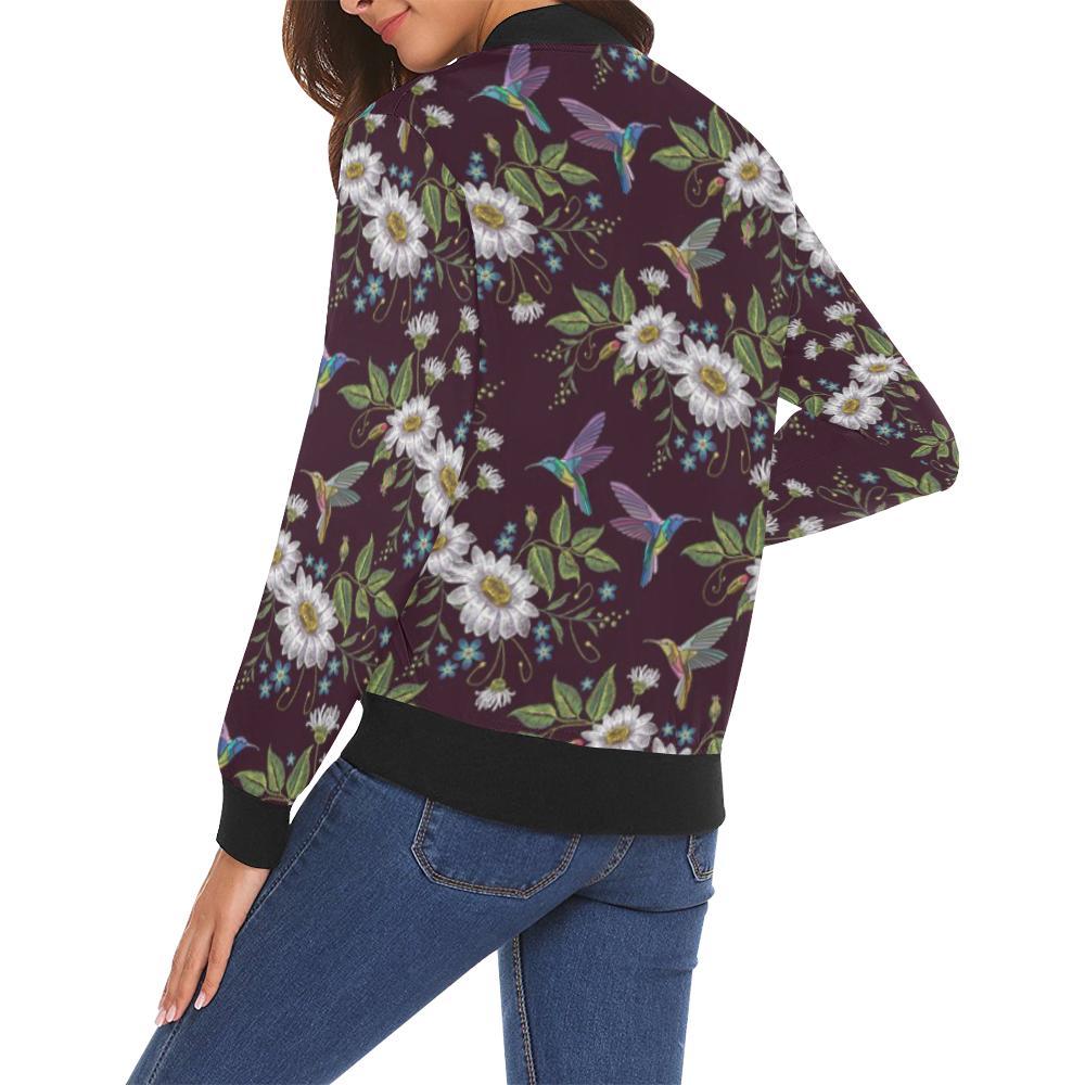 Hummingbird White Daisy Pattern Print Women Casual Bomber Jacket-grizzshop
