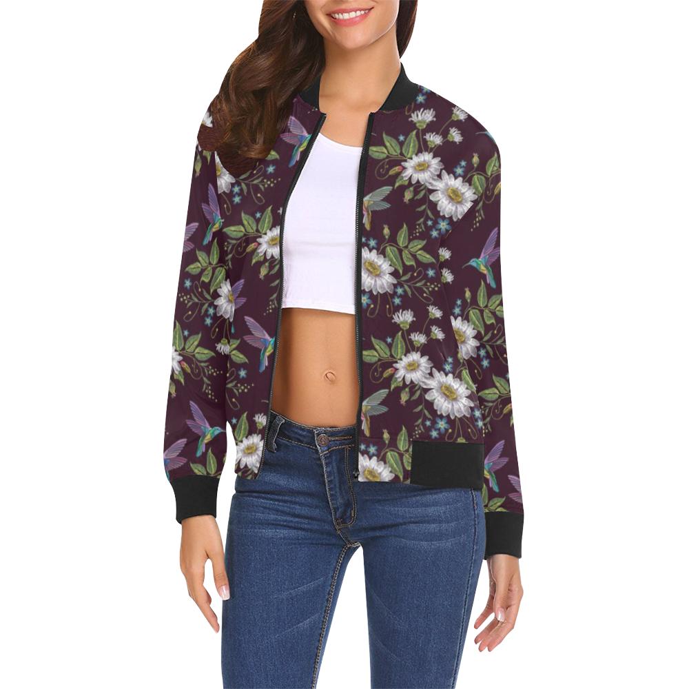Hummingbird White Daisy Pattern Print Women Casual Bomber Jacket-grizzshop