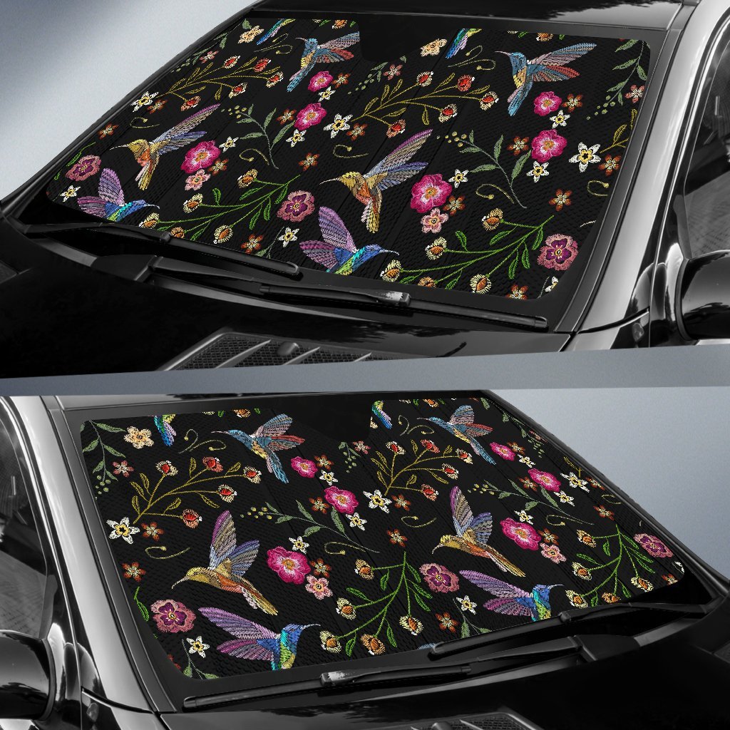 Hummingbird White Floral Car Sun Shade-grizzshop