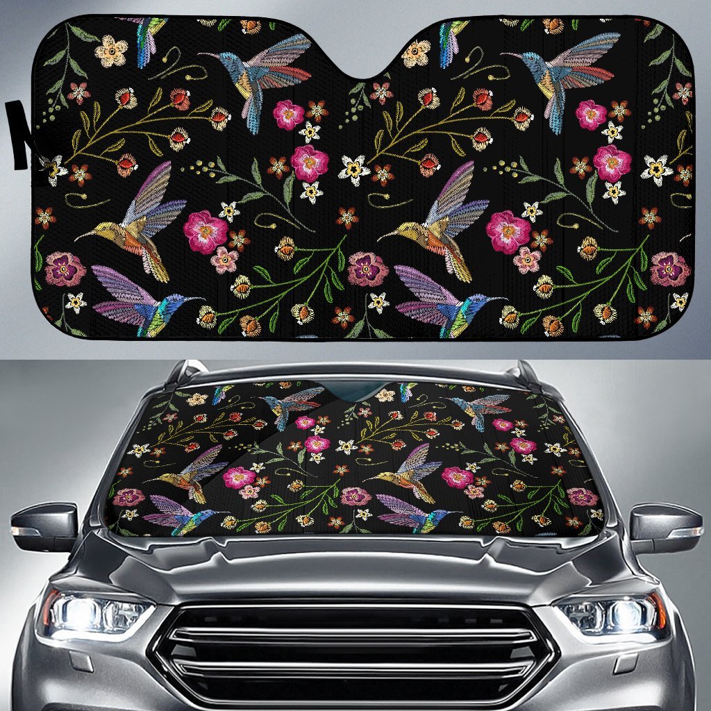 Hummingbird White Floral Car Sun Shade-grizzshop