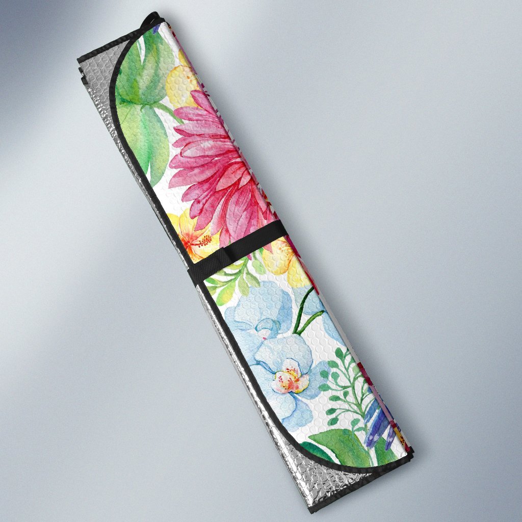 Hummingbird White Floral Drawing Car Sun Shade-grizzshop