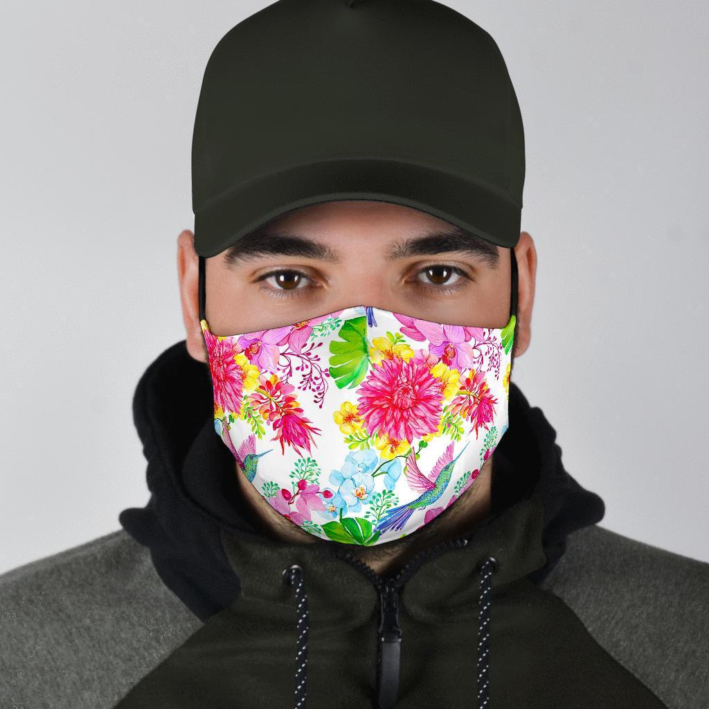 Hummingbird White Floral Drawing Face Mask-grizzshop